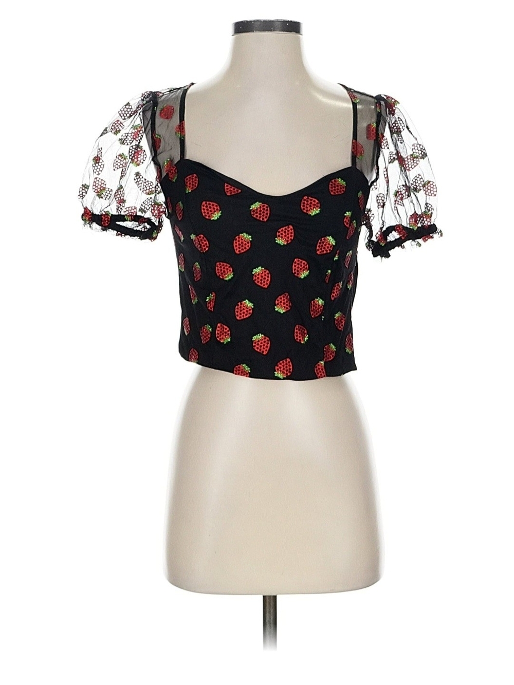 Hot Topic Black Crop Top with Red Strawberry Print and Sheer Puff Sleeves